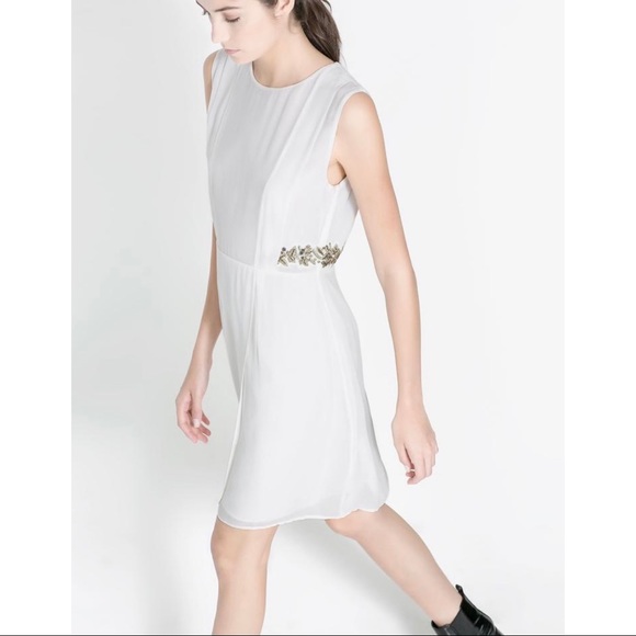 NEW Zara Ivory Dress With Gold Floral Embroidery - Picture 2 of 9